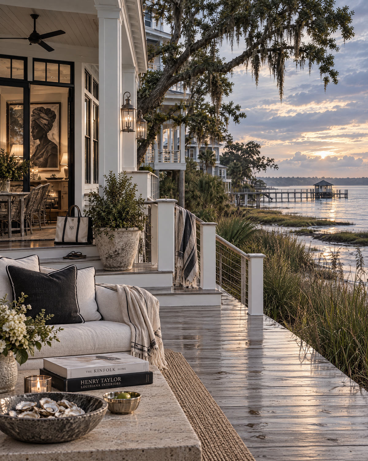 Aurelia: an elegant furnished waterfront veranda overlooking Louisiana coastal grasses and quiet water.