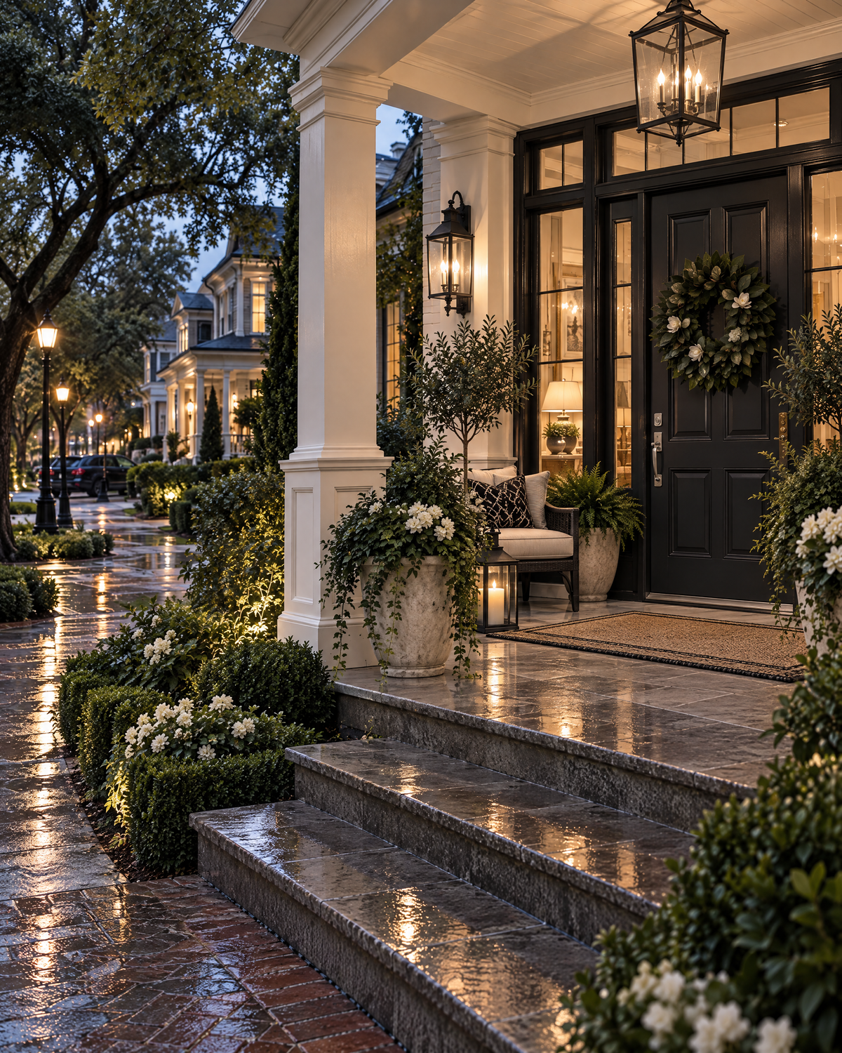 Bellrose: an established Louisiana home's elegant front porch with alabaster trim and noir details.