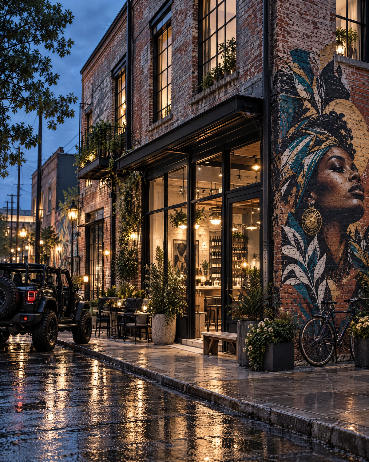 Calder: a creative brick loft and restaurant corner with a mural celebrating a Black woman.