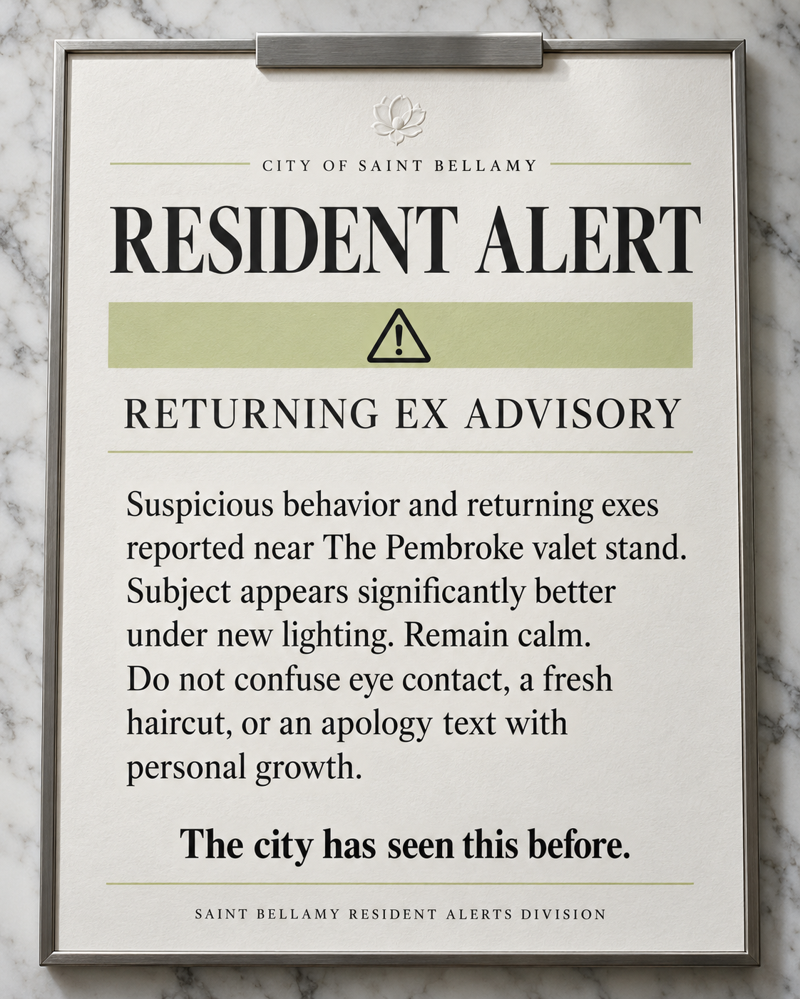 Saint Bellamy City Desk: Resident Alert Full