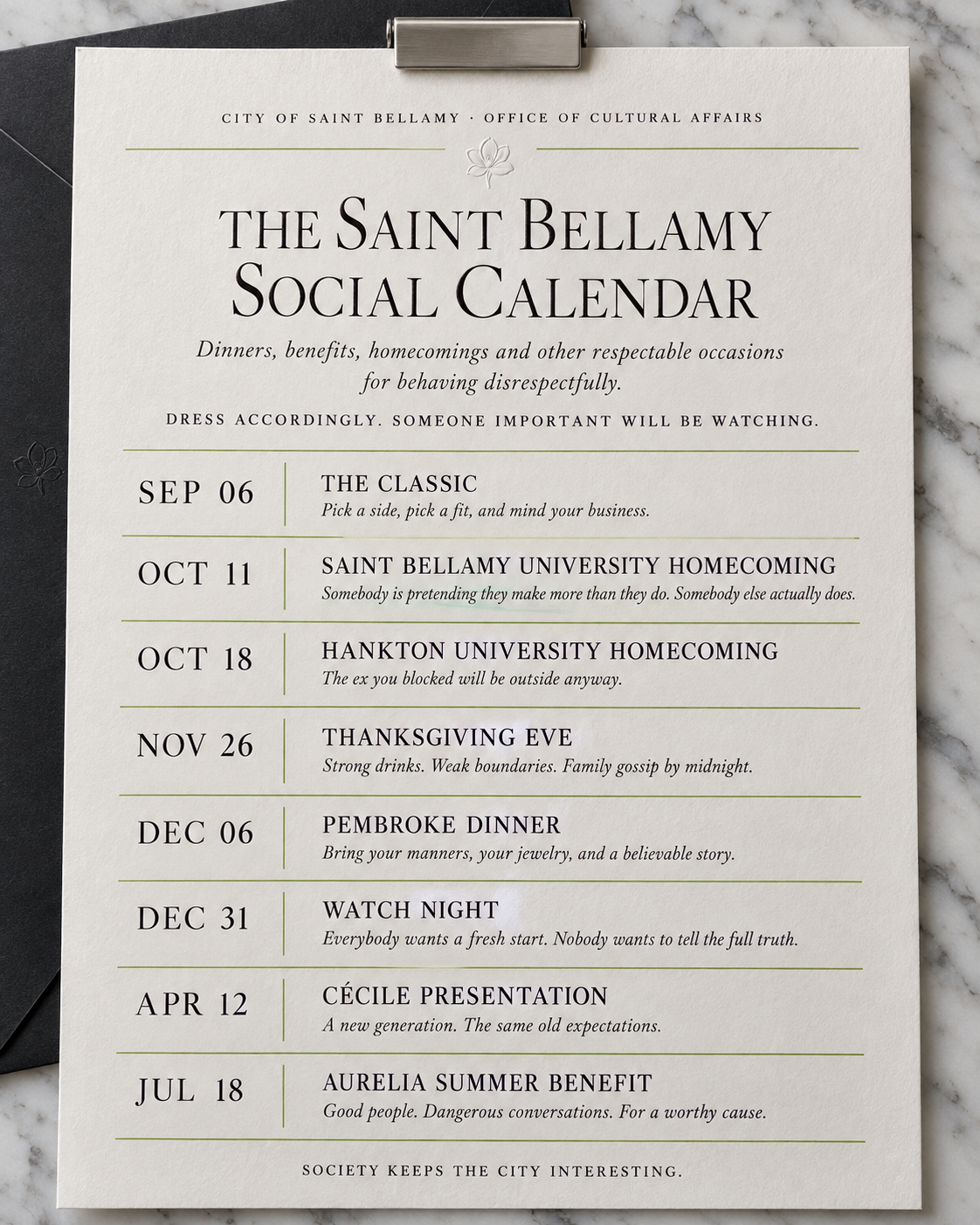 Saint Bellamy City Desk: Social Calendar Full