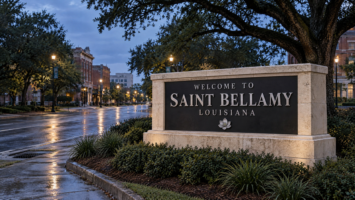 Approved Saint Bellamy civic entrance at dusk, with a magnolia emblem on the noir and alabaster welcome monument beside a tree-lined Louisiana boulevard.