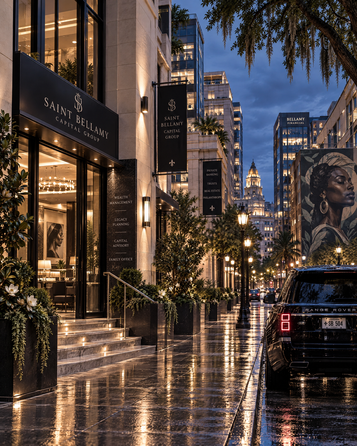 Financial District: polished Saint Bellamy offices and an upscale business street at dusk.