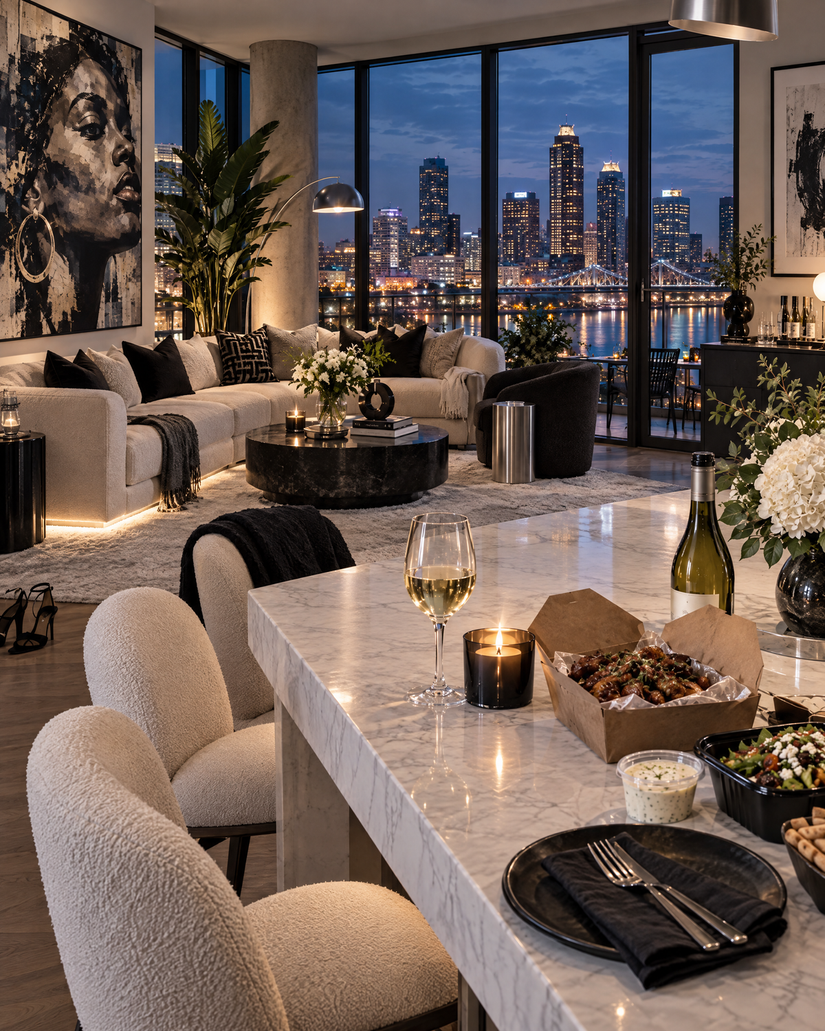 LaRue: a luxurious noir and alabaster high-rise apartment overlooking the city at dusk.