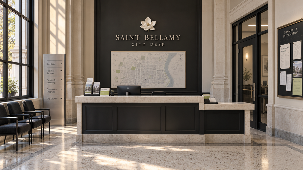 Saint Bellamy City Desk public information office with magnolia emblem, alabaster counter and city map