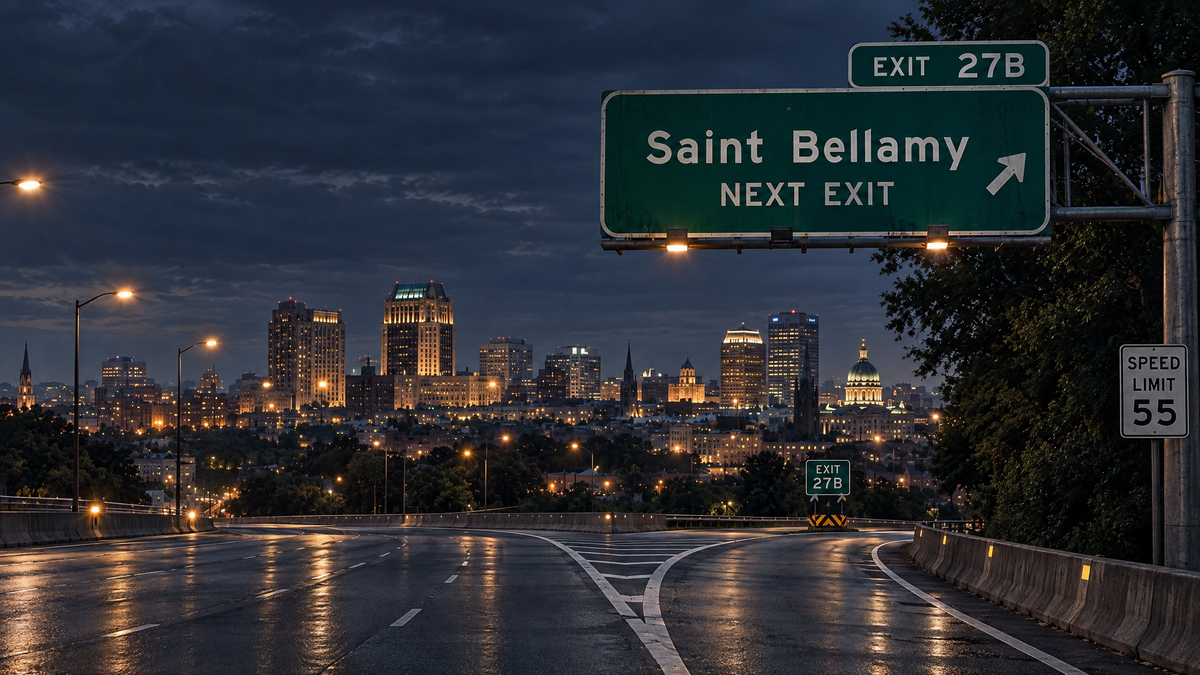 Saint Bellamy Next Exit highway sign above a damp Louisiana highway at dusk, in black and white