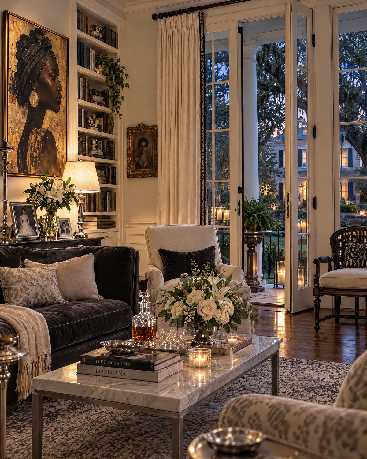 Saint Claire: an elegant noir and alabaster sitting room with a garden and historic home visible beyond the French doors.