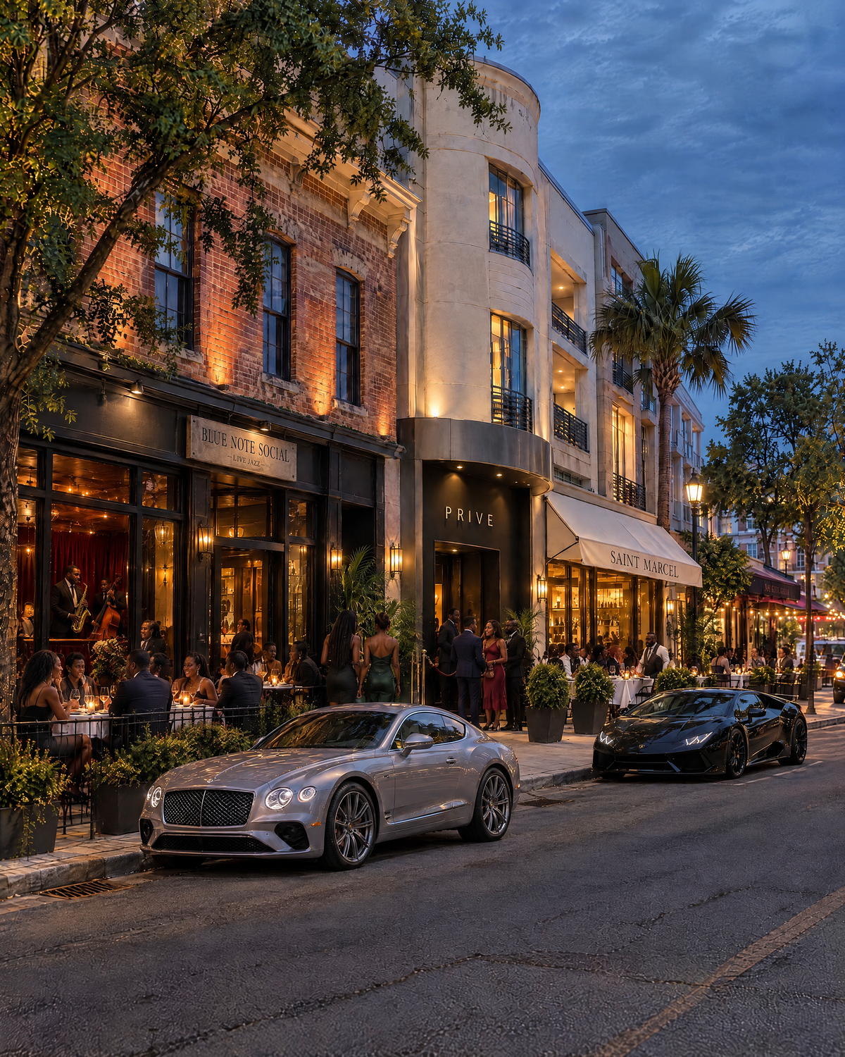 The Strip: lively jazz clubs, nightlife and restaurants with Black patrons, a silver Bentley and noir Lamborghini.